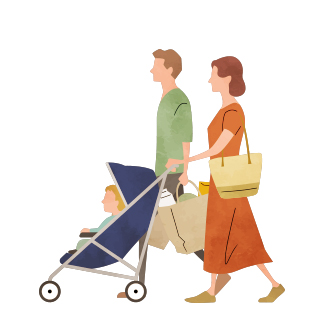 Light UPのイメージイラスト。休日にお出かけを楽しむ若い夫婦と赤ちゃん。