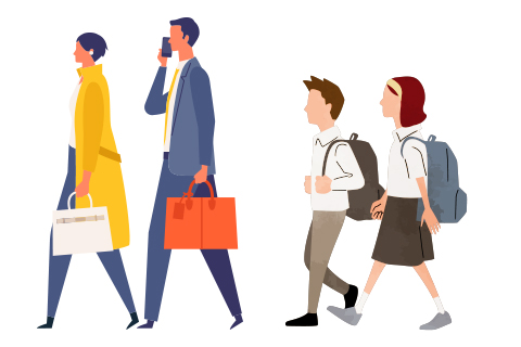 Light UPのイメージイラスト。今から会社に向かう男女と、学校に向かう小学生の男女イラスト。