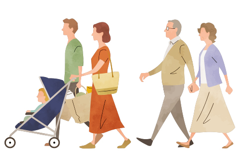 Light UPのイメージイラスト。休日にお出かけを楽しむ若い夫婦と赤ちゃんと熟年夫婦。